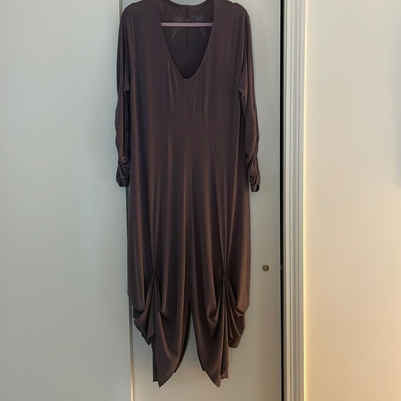 Lauren Vidal Draped w Sexy Front Opening- Long Sleeve - Low V Neck Dress